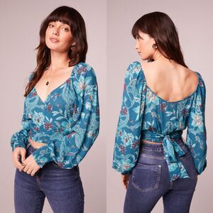 Band Of The Free Floral Crossover Crop Top M Smocked Balloon Sleeve Teal Boho